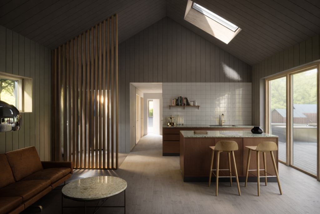 Kök och vardagsrum i fritidshus på Ekerö med träpanel och takfönster