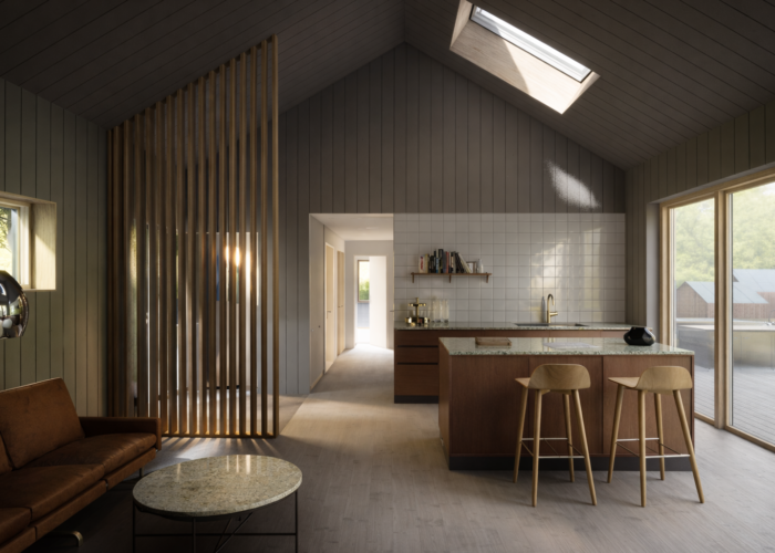 Kök och vardagsrum i fritidshus på Ekerö med träpanel och takfönster